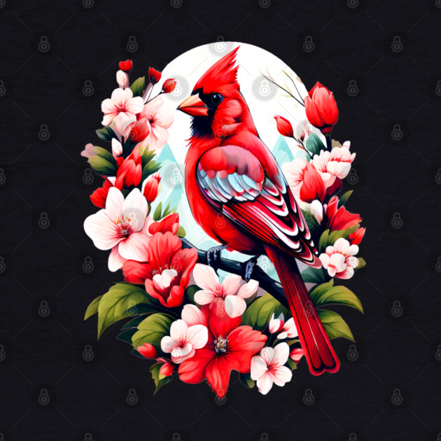 Cute Northern Cardinal Surrounded by Vibrant Spring Flowers by BirdsnStuff