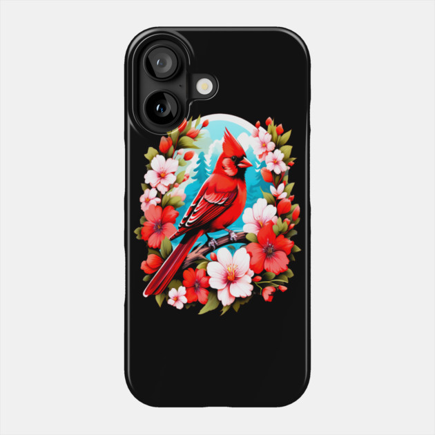 Cute Northern Cardinal Surrounded by Vibrant Spring Flowers Phone Case by BirdsnStuff