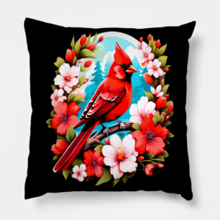 Cute Northern Cardinal Surrounded by Vibrant Spring Flowers Pillow