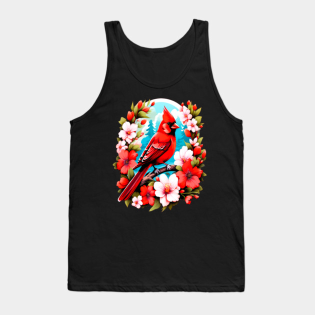 Cute Northern Cardinal Surrounded by Vibrant Spring Flowers Tank Top by BirdsnStuff