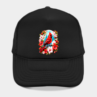 Cute Northern Cardinal Surrounded by Vibrant Spring Flowers Hat