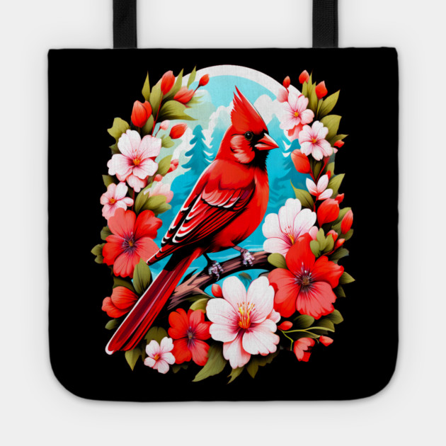 Cute Northern Cardinal Surrounded by Vibrant Spring Flowers Tote by BirdsnStuff