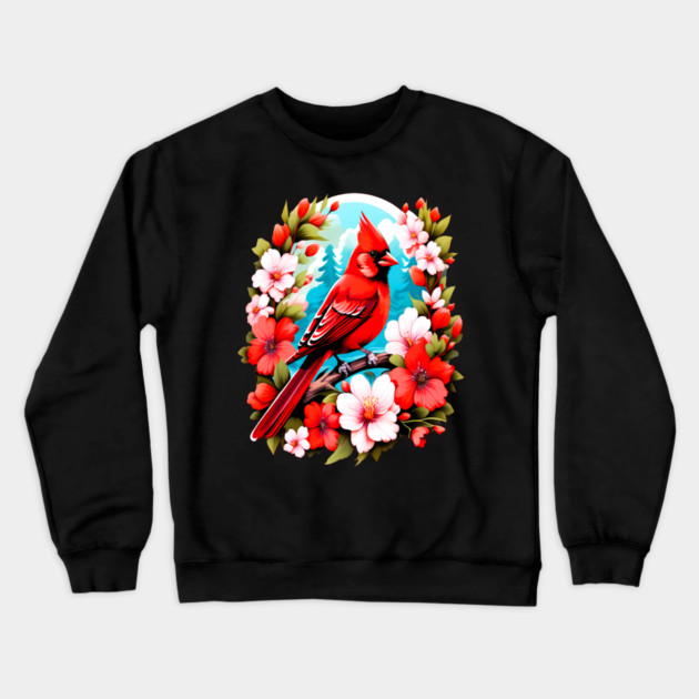 Cute Northern Cardinal Surrounded by Vibrant Spring Flowers Crewneck Sweatshirt by BirdsnStuff