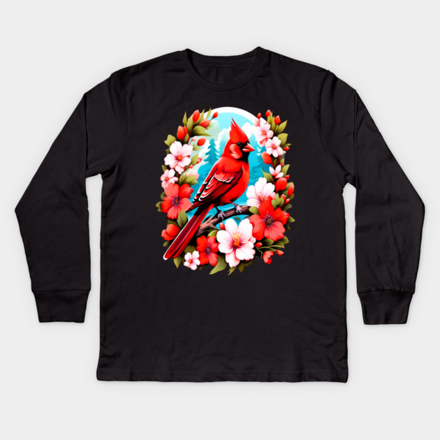 Cute Northern Cardinal Surrounded by Vibrant Spring Flowers Kids Long Sleeve T-Shirt by BirdsnStuff