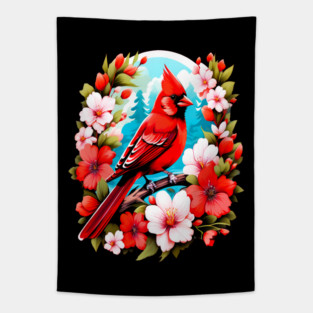 Cute Northern Cardinal Surrounded by Vibrant Spring Flowers Tapestry