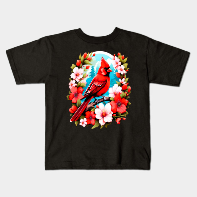 Cute Northern Cardinal Surrounded by Vibrant Spring Flowers Kids T-Shirt by BirdsnStuff