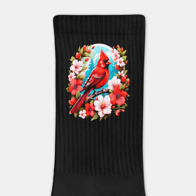 Cute Northern Cardinal Surrounded by Vibrant Spring Flowers by BirdsnStuff