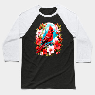 Cute Northern Cardinal Surrounded by Vibrant Spring Flowers Baseball T-Shirt