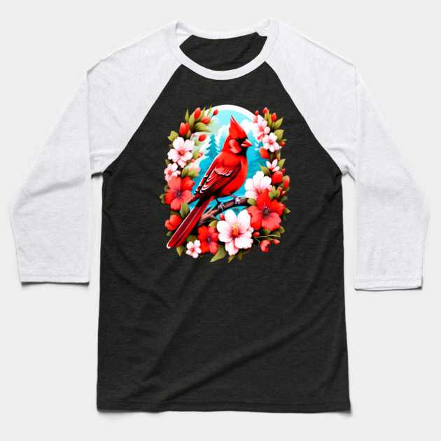 Cute Northern Cardinal Surrounded by Vibrant Spring Flowers Baseball T-Shirt by BirdsnStuff