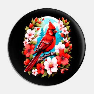 Cute Northern Cardinal Surrounded by Vibrant Spring Flowers Pin