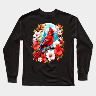 Cute Northern Cardinal Surrounded by Vibrant Spring Flowers Long Sleeve T-Shirt