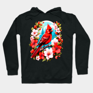 Cute Northern Cardinal Surrounded by Vibrant Spring Flowers Hoodie