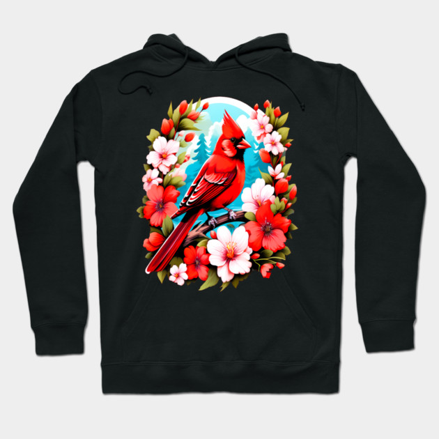 Cute Northern Cardinal Surrounded by Vibrant Spring Flowers Hoodie by BirdsnStuff