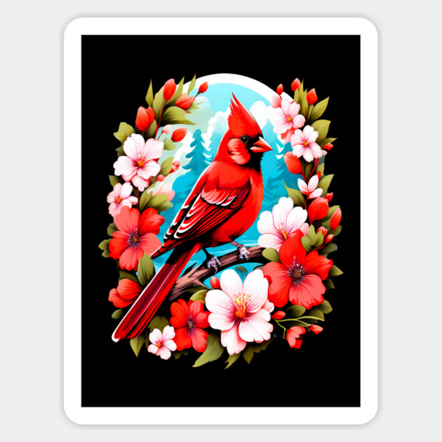 Cute Northern Cardinal Surrounded by Vibrant Spring Flowers Magnet by BirdsnStuff