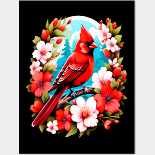 Cute Northern Cardinal Surrounded by Vibrant Spring Flowers Posters and Art