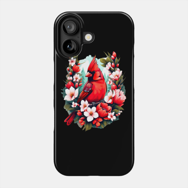 Cute Northern Cardinal Surrounded by Vibrant Spring Flowers Phone Case by BirdsnStuff