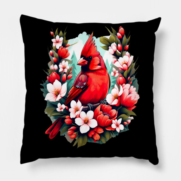 Cute Northern Cardinal Surrounded by Vibrant Spring Flowers Pillow by BirdsnStuff