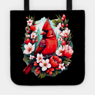 Cute Northern Cardinal Surrounded by Vibrant Spring Flowers Tote