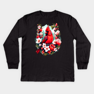 Cute Northern Cardinal Surrounded by Vibrant Spring Flowers Kids Long Sleeve T-Shirt