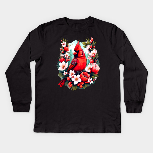 Cute Northern Cardinal Surrounded by Vibrant Spring Flowers Kids Long Sleeve T-Shirt by BirdsnStuff