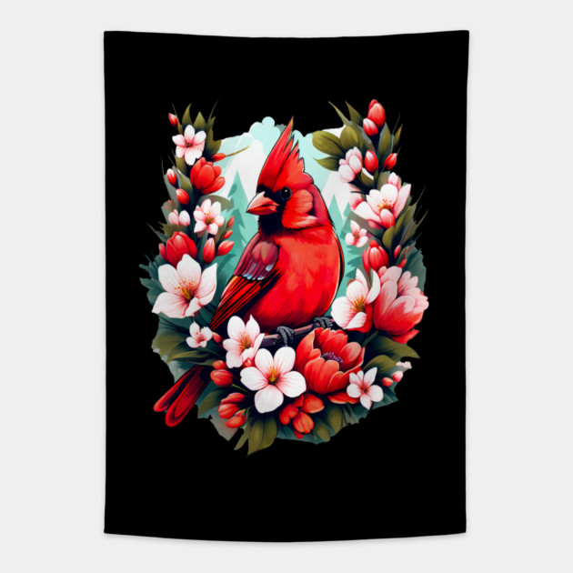 Cute Northern Cardinal Surrounded by Vibrant Spring Flowers Tapestry by BirdsnStuff