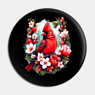 Cute Northern Cardinal Surrounded by Vibrant Spring Flowers Pin