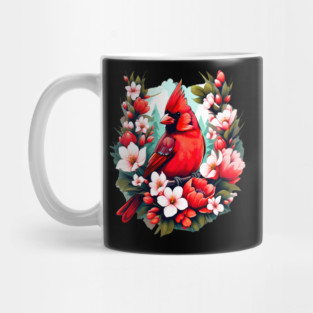 Cute Northern Cardinal Surrounded by Vibrant Spring Flowers Mug