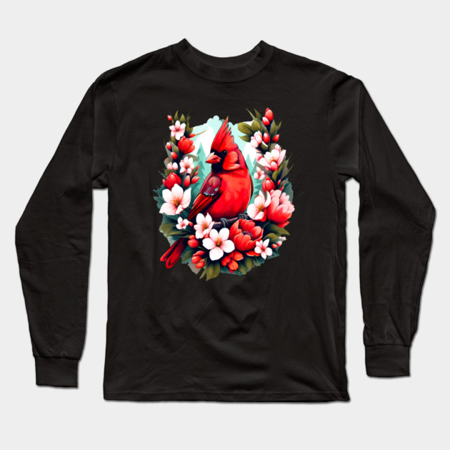 Cute Northern Cardinal Surrounded by Vibrant Spring Flowers Long Sleeve T-Shirt by BirdsnStuff