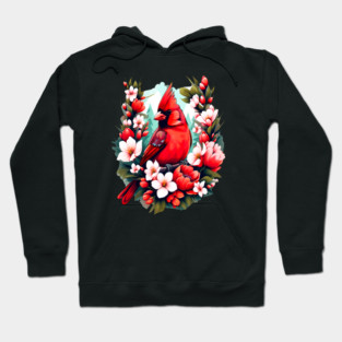 Cute Northern Cardinal Surrounded by Vibrant Spring Flowers Hoodie