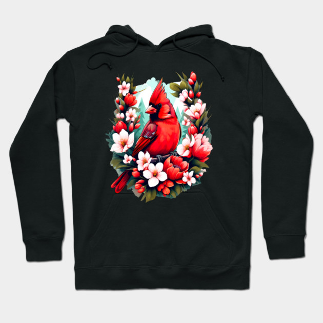 Cute Northern Cardinal Surrounded by Vibrant Spring Flowers Hoodie by BirdsnStuff