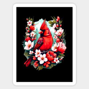 Cute Northern Cardinal Surrounded by Vibrant Spring Flowers Magnet