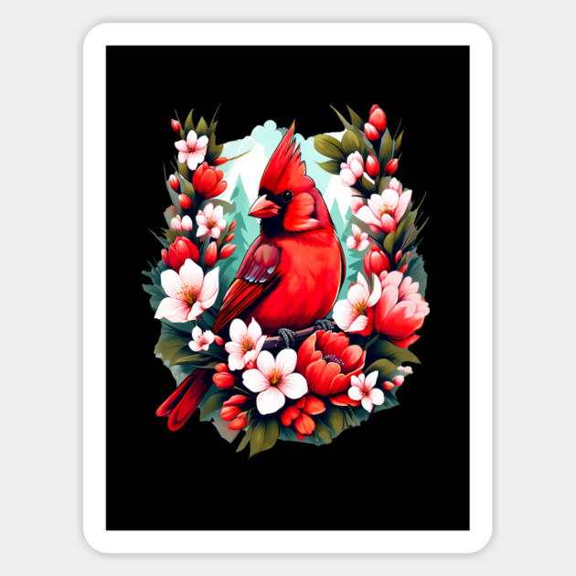 Cute Northern Cardinal Surrounded by Vibrant Spring Flowers Magnet by BirdsnStuff