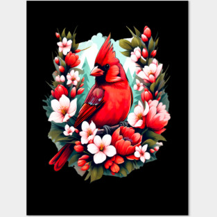 Cute Northern Cardinal Surrounded by Vibrant Spring Flowers Posters and Art