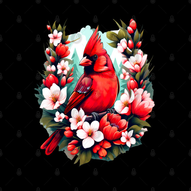 Cute Northern Cardinal Surrounded by Vibrant Spring Flowers by BirdsnStuff