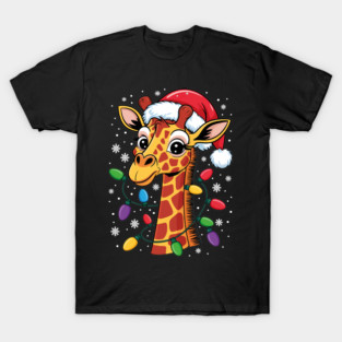 Funny Retro Giraffe Lover Santa Hat Christmas Lighting Xmas T-Shirt