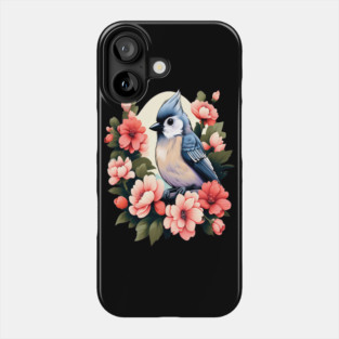 Cute Tufted Titmouse Surrounded by Vibrant Spring Flowers Phone Case