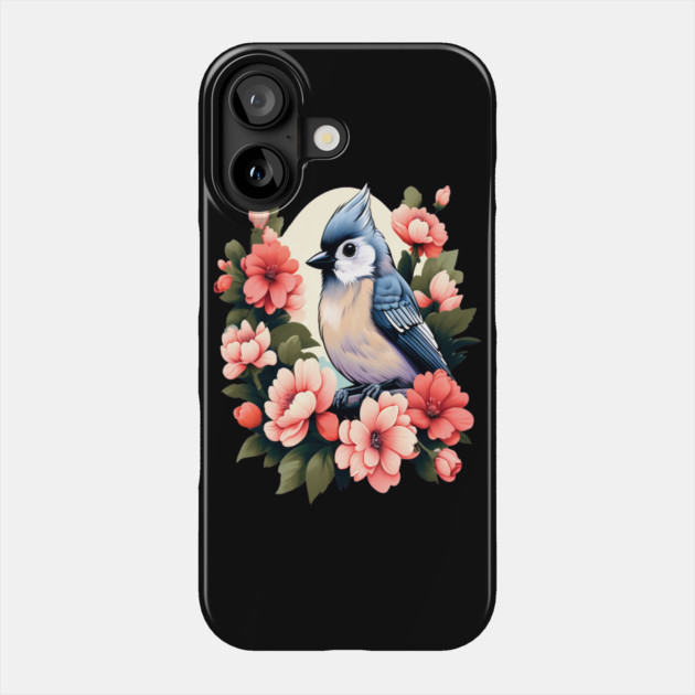 Cute Tufted Titmouse Surrounded by Vibrant Spring Flowers Phone Case by BirdsnStuff