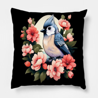 Cute Tufted Titmouse Surrounded by Vibrant Spring Flowers Pillow