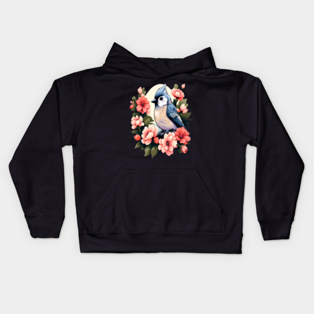 Cute Tufted Titmouse Surrounded by Vibrant Spring Flowers Kids Hoodie by BirdsnStuff