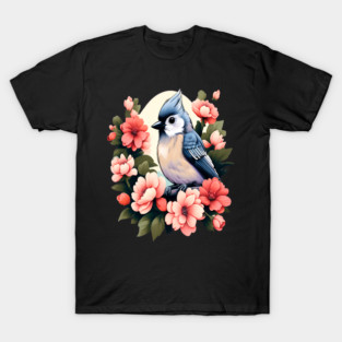 Cute Tufted Titmouse Surrounded by Vibrant Spring Flowers T-Shirt