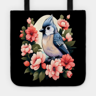 Cute Tufted Titmouse Surrounded by Vibrant Spring Flowers Tote