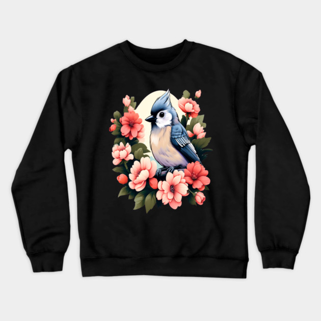 Cute Tufted Titmouse Surrounded by Vibrant Spring Flowers Crewneck Sweatshirt by BirdsnStuff