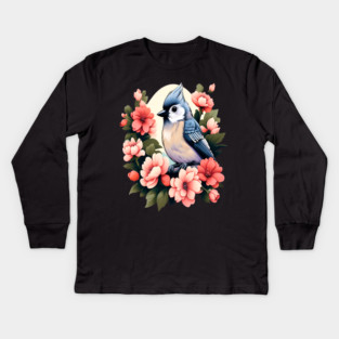 Cute Tufted Titmouse Surrounded by Vibrant Spring Flowers Kids Long Sleeve T-Shirt