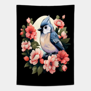 Cute Tufted Titmouse Surrounded by Vibrant Spring Flowers Tapestry