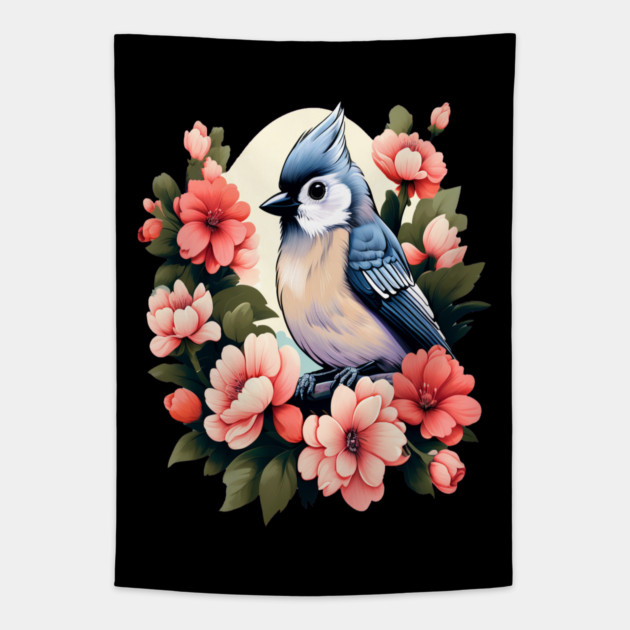 Cute Tufted Titmouse Surrounded by Vibrant Spring Flowers Tapestry by BirdsnStuff
