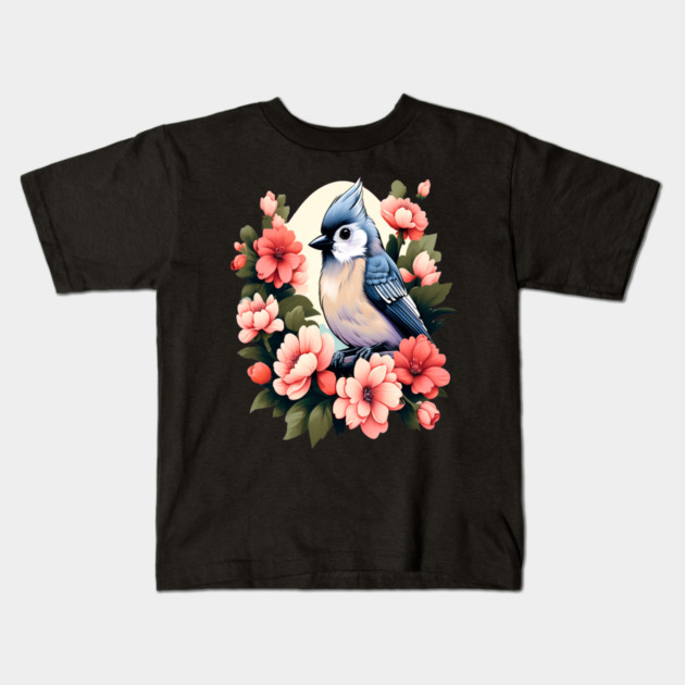 Cute Tufted Titmouse Surrounded by Vibrant Spring Flowers Kids T-Shirt by BirdsnStuff