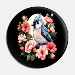 Cute Tufted Titmouse Surrounded by Vibrant Spring Flowers Pin