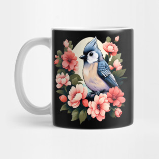 Cute Tufted Titmouse Surrounded by Vibrant Spring Flowers Mug