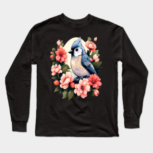 Cute Tufted Titmouse Surrounded by Vibrant Spring Flowers Long Sleeve T-Shirt