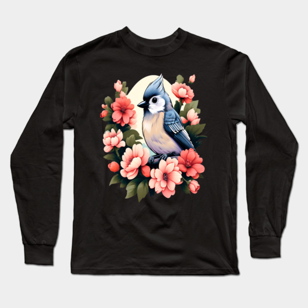 Cute Tufted Titmouse Surrounded by Vibrant Spring Flowers Long Sleeve T-Shirt by BirdsnStuff